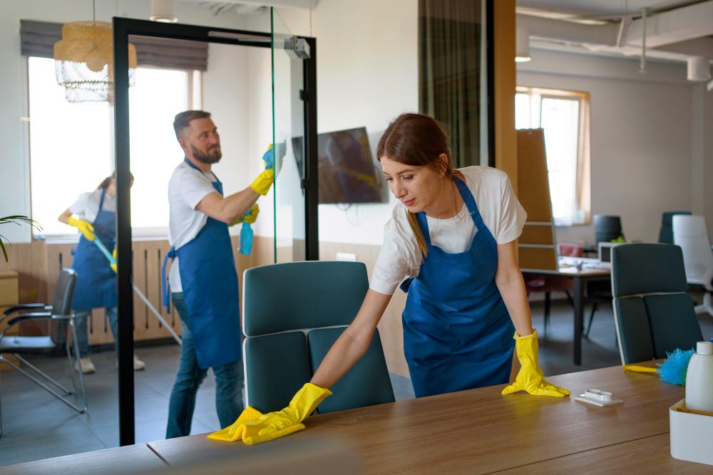 Two cleaners wiping desks in a bright office