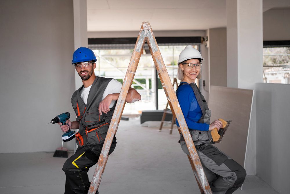 Two workers in hard hats with a ladder and drill
