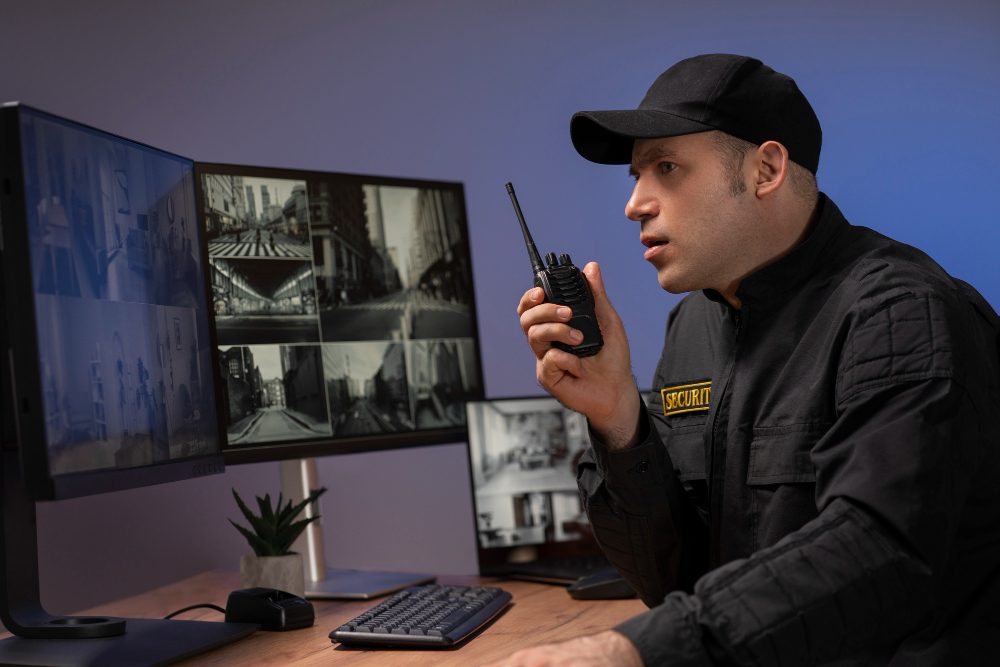 Security officer with a radio at CCTV monitors